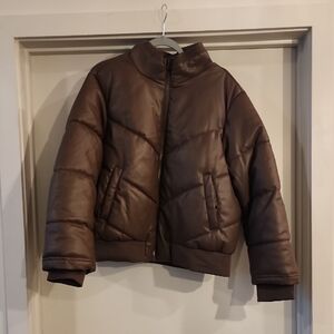 Brown Faux Leather Puffer Jacket
